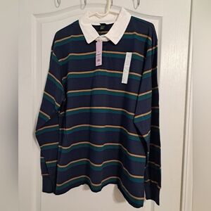 Wild Fable Men's Navy Cotton Striped Long Sleeve Rugby Shirt Raw Hem M